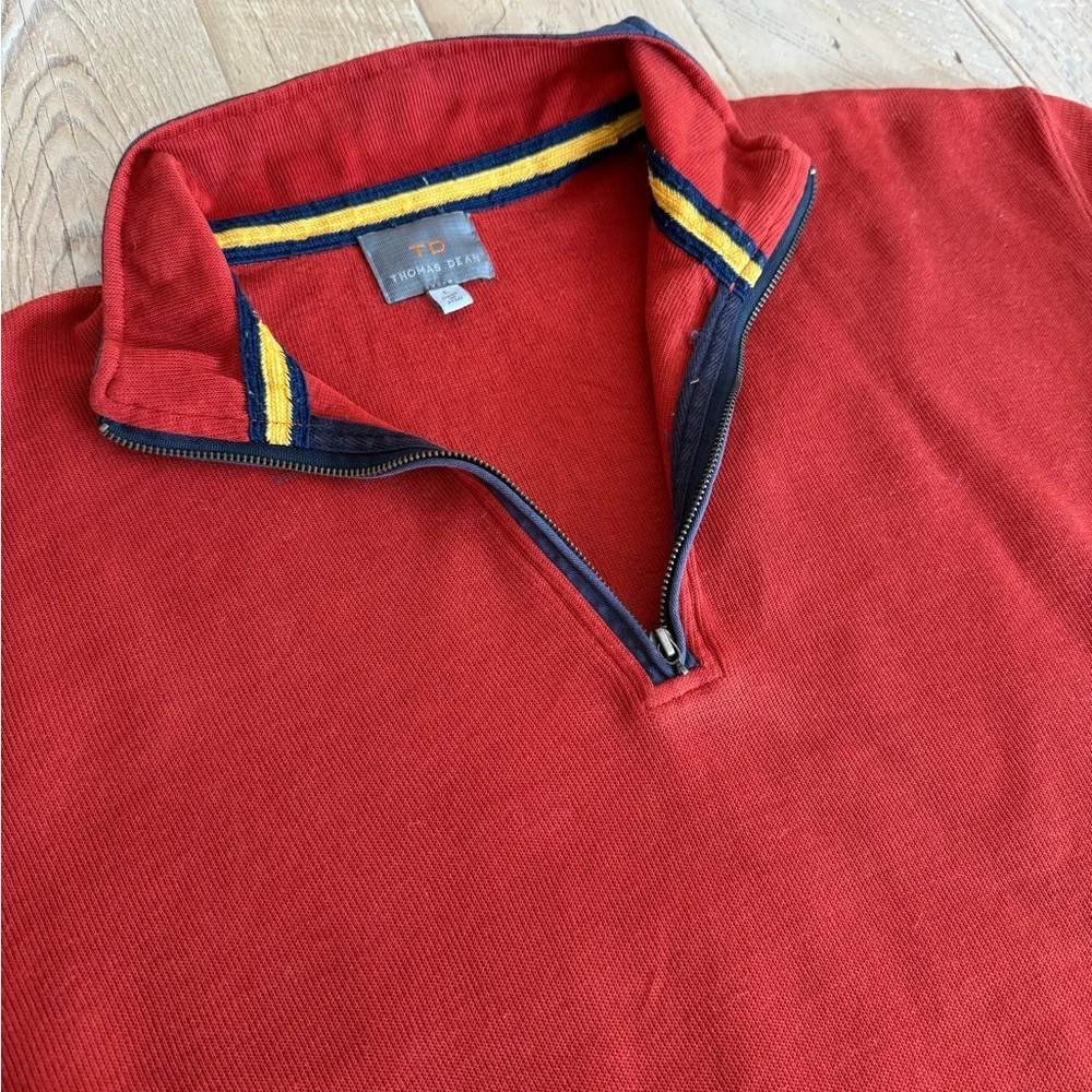 Thomas Dean Red Burnt OrangeZip-Up Sweater with Navy Trim L